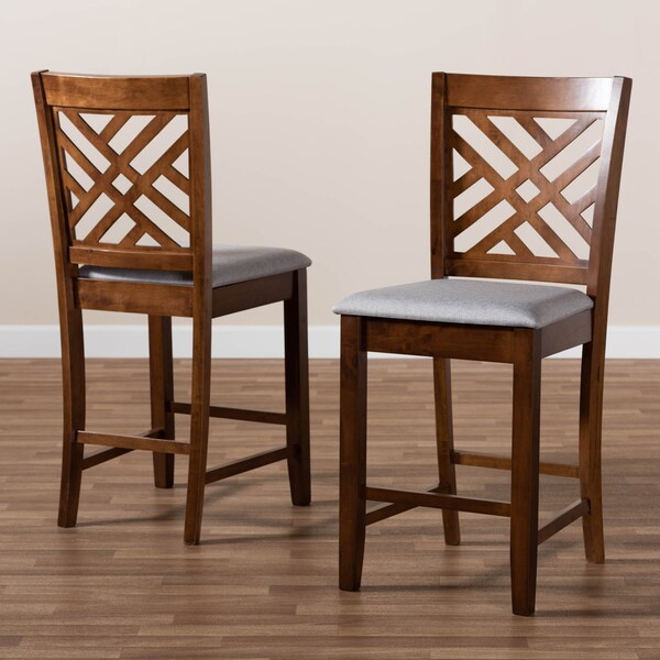 Baxton Studio Caron Grey Upholstered Walnut Wood 2-PC Counter Height Pub Chair Set - 161-9886