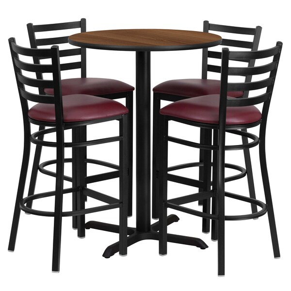Flash Furniture Round Walnut Bar Table, X-Base w/Burg Seats, 30", 30" L, 30" W, 42" H, Laminate Top, Wood Grain - HDBF1028-GG