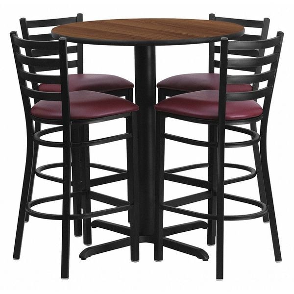 Flash Furniture Round Walnut Bar Table, X-Base w/Burg Seats, 30", 30" L, 30" W, 42" H, Laminate Top, Wood Grain - HDBF1028-GG