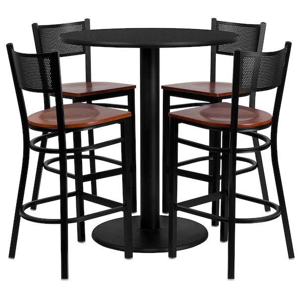 Flash Furniture Round Blk Bar Table, Rnd w/Cherry Seats, 36", 36" L, 36" W, 42" H, Laminate Top, Wood Grain - MD-0018-GG