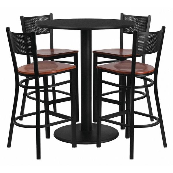 Flash Furniture Round Blk Bar Table, Rnd w/Cherry Seats, 36", 36" L, 36" W, 42" H, Laminate Top, Wood Grain - MD-0018-GG