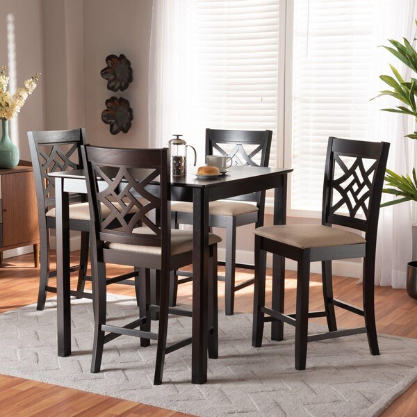 Baxton Studio Nicolette Modern and Contemporary Sand Fabric and Dark Brown Finished Wood 5-Piece Pub Set - 179-11422-9776-ZORO