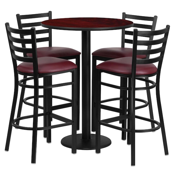 Flash Furniture Round Mahogany Bar Table, X-Base w/Brgndy Seats, 30" L, 30" W, 42" H, Laminate Top, Wood Grain - RSRB1026-GG