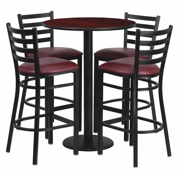 Flash Furniture Round Mahogany Bar Table, X-Base w/Brgndy Seats, 30" L, 30" W, 42" H, Laminate Top, Wood Grain - RSRB1026-GG