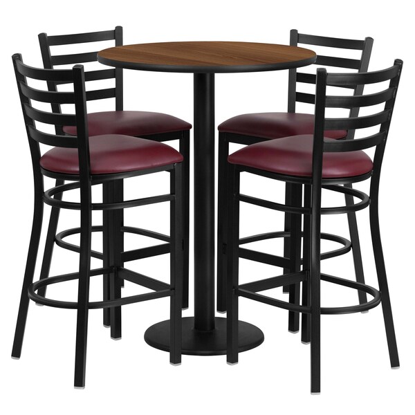 Flash Furniture Round Walnut Bar Table, X-Base w/Burgndy Seats, 30" L, 30" W, 42" H, Laminate Top, Wood Grain - RSRB1028-GG