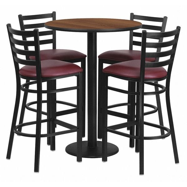 Flash Furniture Round Walnut Bar Table, X-Base w/Burgndy Seats, 30" L, 30" W, 42" H, Laminate Top, Wood Grain - RSRB1028-GG