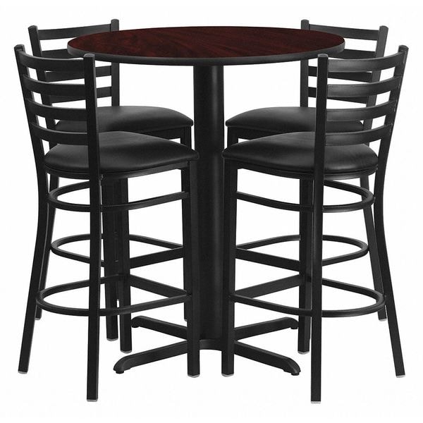 Flash Furniture Round Mahgany Bar Table, X-Base w/Blk Seats, 30", 30" L, 30" W, 42" H, Laminate Top, Wood Grain - HDBF1022-GG