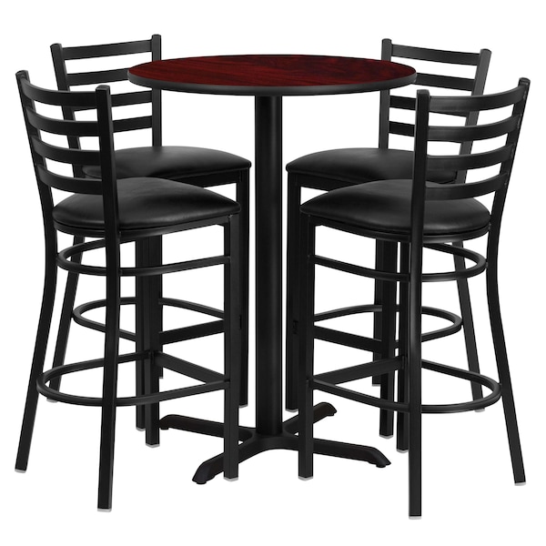 Flash Furniture Round Mahgany Bar Table, X-Base w/Blk Seats, 30", 30" L, 30" W, 42" H, Laminate Top, Wood Grain - HDBF1022-GG