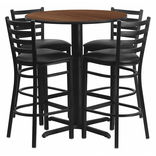 Flash Furniture Round Walnut Bar Table, X-Base w/Blk Seats, 30", 30" L, 30" W, 42" H, Laminate Top, Wood Grain - HDBF1024-GG