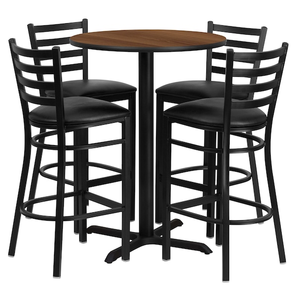 Flash Furniture Round Walnut Bar Table, X-Base w/Blk Seats, 30", 30" L, 30" W, 42" H, Laminate Top, Wood Grain - HDBF1024-GG