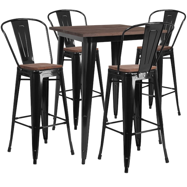 Flash Furniture Square Square Black Metal Bar Table Set with Wo, 32" L, 32" W, 42" H, Wood Top, Wood Grain - CH-WD-TBCH-19-GG