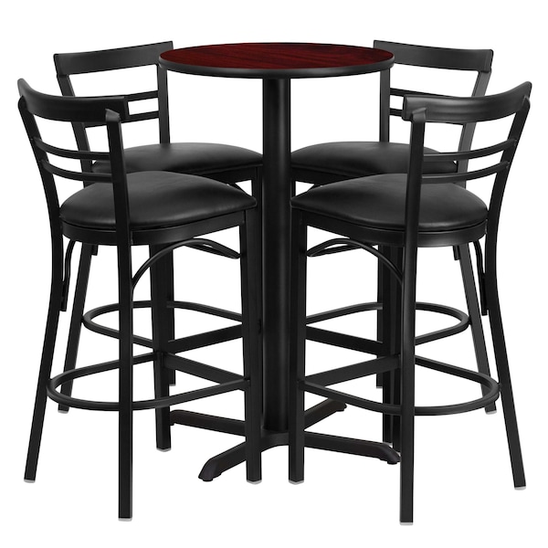 Flash Furniture Round Mahogany Bar Table, X-Base, Blk Seats, 24", 24" L, 24" W, 42" H, Laminate Top, Wood Grain - HDBF1034-GG