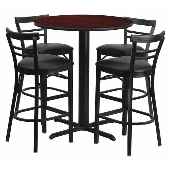 Flash Furniture Round Mahogany Bar Table, X-Base, Blk Seats, 24", 24" L, 24" W, 42" H, Laminate Top, Wood Grain - HDBF1034-GG