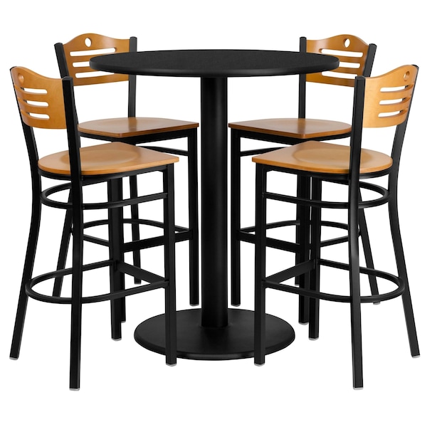 Flash Furniture Round Blk Bar Table, Rnd w/Natural Seats, 36", 36" L, 36" W, 42" H, Laminate Top, Wood Grain - MD-0020-GG