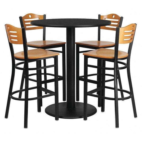 Flash Furniture Round Blk Bar Table, Rnd w/Natural Seats, 36", 36" L, 36" W, 42" H, Laminate Top, Wood Grain - MD-0020-GG