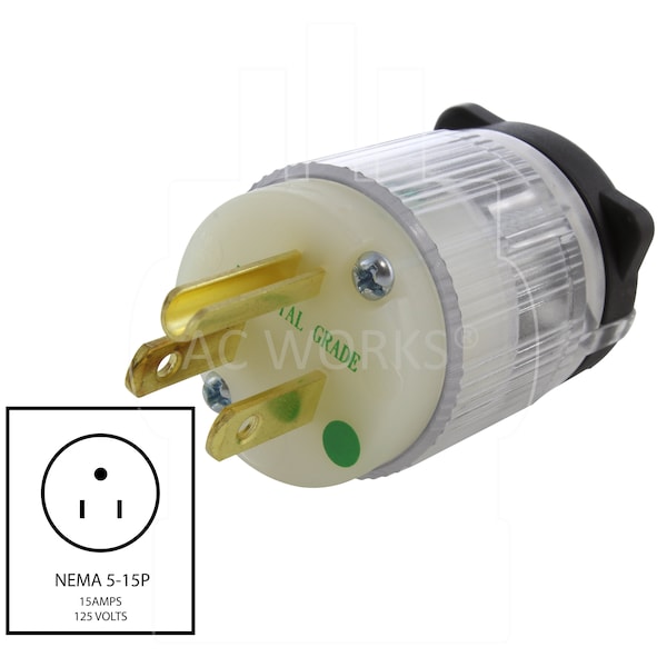 Ac Works NEMA 5-15P 15A 125V Medical/Hospital Grade Plug with UL, C-UL Approval in Clear - ASMD515P-CL
