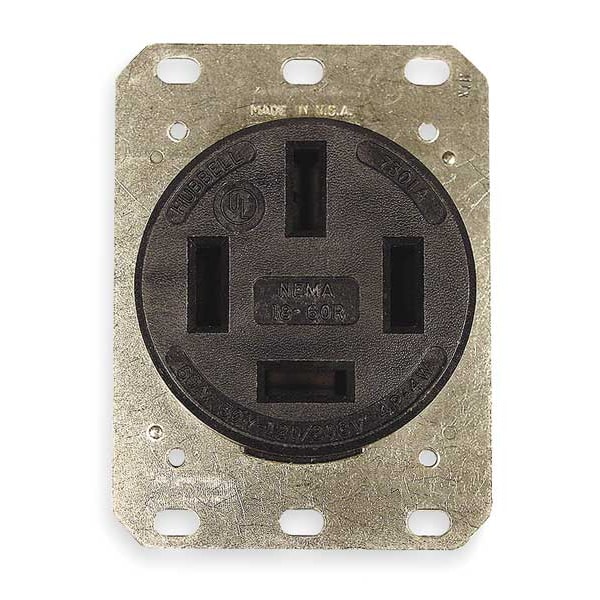 Hubbell Receptacle, 60 A Amps, 120/208V AC, Flush Mount, Single Outlet, 18-60R, Black - HBL7301A