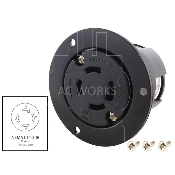 Ac Works 30A 125/250V L14-30R Flanged Outlet UL and C-UL Listed - ASOUL1430R