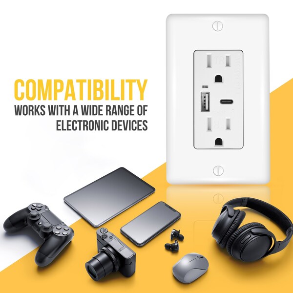Faith 3.6A/5V USB Outlet and 15A/125V Decorator Tamper-Resistant Duplex Receptacle, White, 2 Pack, 2PK - CZ07-WH-02