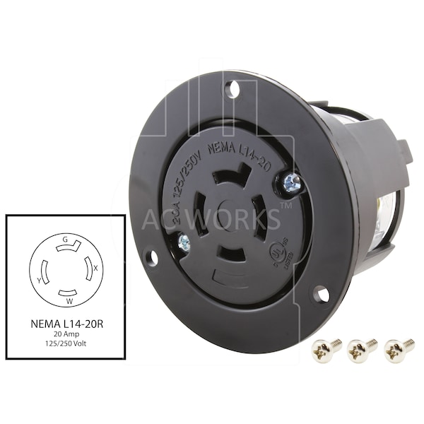 Ac Works 20A 125/250V L14-20R Flanged Outlet UL and C-UL Listed - ASOUL1420R