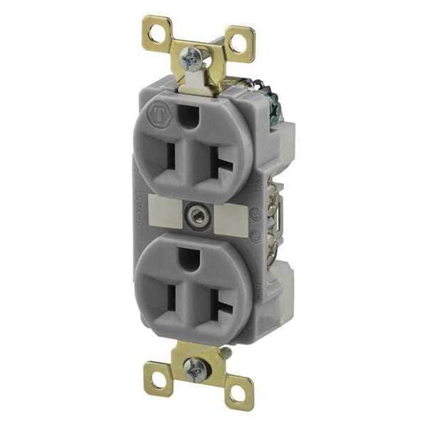 Zoro Select Receptacle, 20 A Amps, 125V AC, Flush Mount, Standard Duplex Outlet, 5-20R, Gray - BRY5362GRY