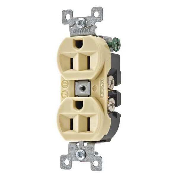 Zoro Select Receptacle, 15 A Amps, 125V AC, Flush Mount, Standard Duplex Outlet, 5-15R, Ivory - 5262BI