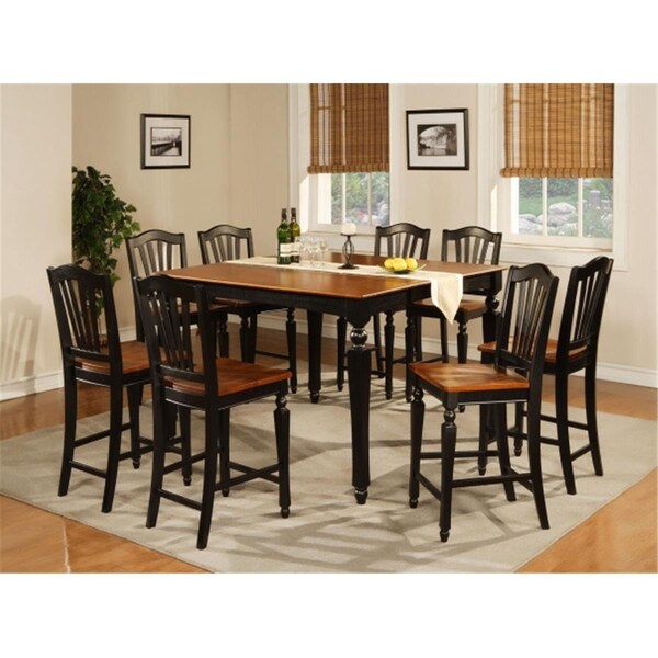 East West Furniture Chelsea 5PC Set with Gathering 54 in. square counter height table and 4 wood seat stools - CHEL5-BLK-W