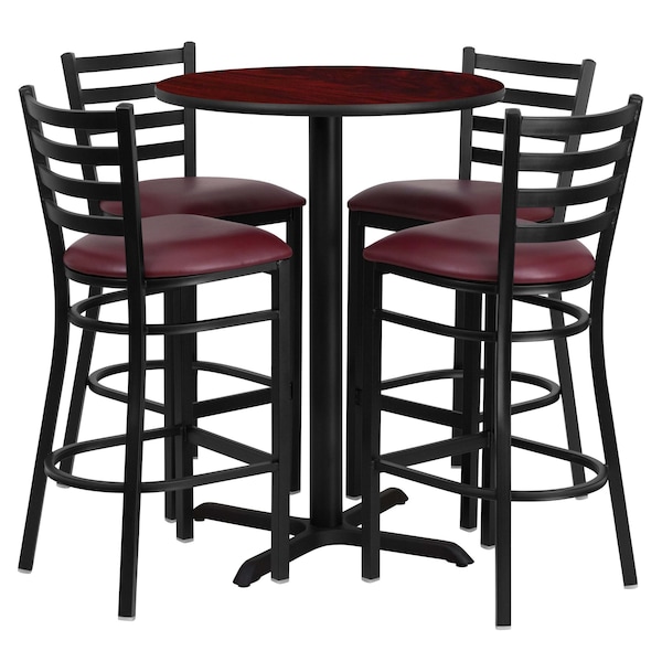 Flash Furniture Round Mahgny Bar Table, X-Base w/Burg Seats, 30", 30" L, 30" W, 42" H, Laminate Top, Wood Grain - HDBF1026-GG