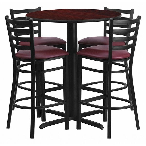 Flash Furniture Round Mahgny Bar Table, X-Base w/Burg Seats, 30", 30" L, 30" W, 42" H, Laminate Top, Wood Grain - HDBF1026-GG