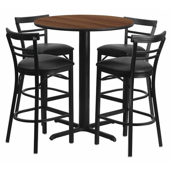 Flash Furniture Round Walnut Bar Table, X-Base w/Blk Seats, 24", 24" L, 24" W, 42" H, Laminate Top, Wood Grain - HDBF1036-GG
