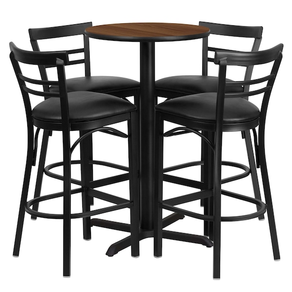 Flash Furniture Round Walnut Bar Table, X-Base w/Blk Seats, 24", 24" L, 24" W, 42" H, Laminate Top, Wood Grain - HDBF1036-GG