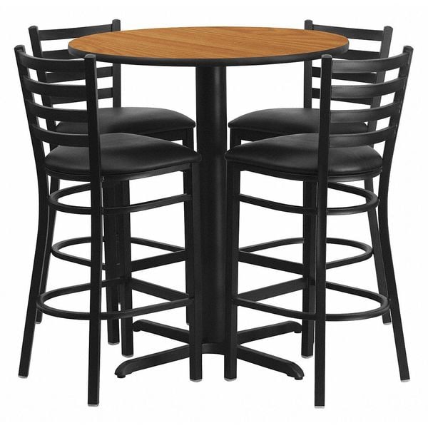 Flash Furniture Round Natural Bar Table, X-Base w/Black Seats, 30" L, 30" W, 42" H, Laminate Top, Wood Grain - HDBF1023-GG