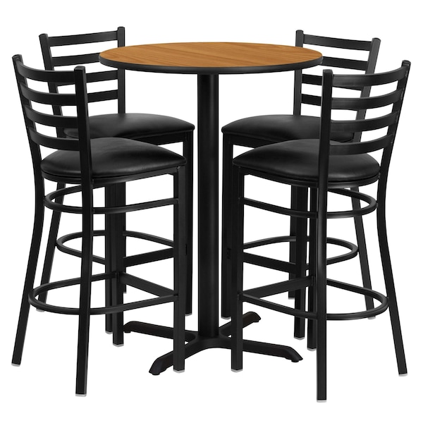 Flash Furniture Round Natural Bar Table, X-Base w/Black Seats, 30" L, 30" W, 42" H, Laminate Top, Wood Grain - HDBF1023-GG