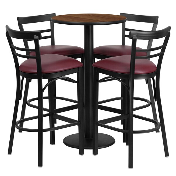 Flash Furniture Round Wlnut Bar Tble, Rnd Base w/Burg Seats, 24", 24" L, 24" W, 42" H, Laminate Top, Wood Grain - RSRB1040-GG