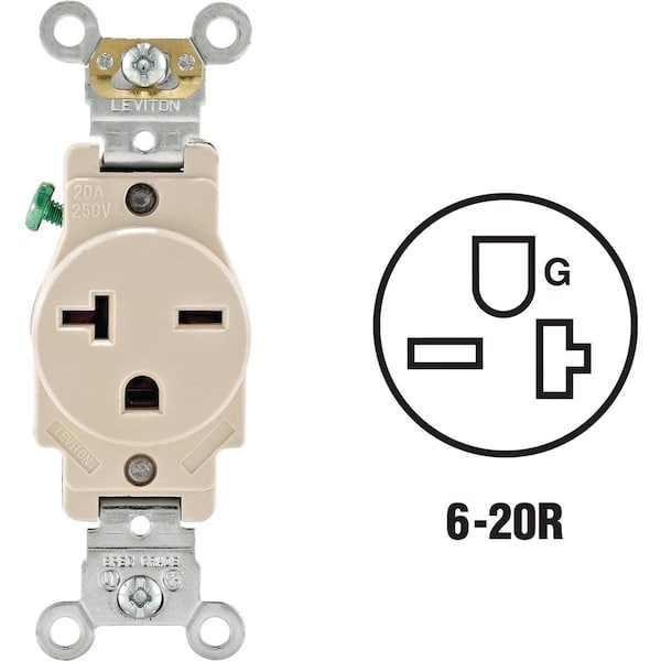 Leviton 20A Light Almond Heavy-Duty 6-20R Grounding Single Outlet - 076-05461-00T