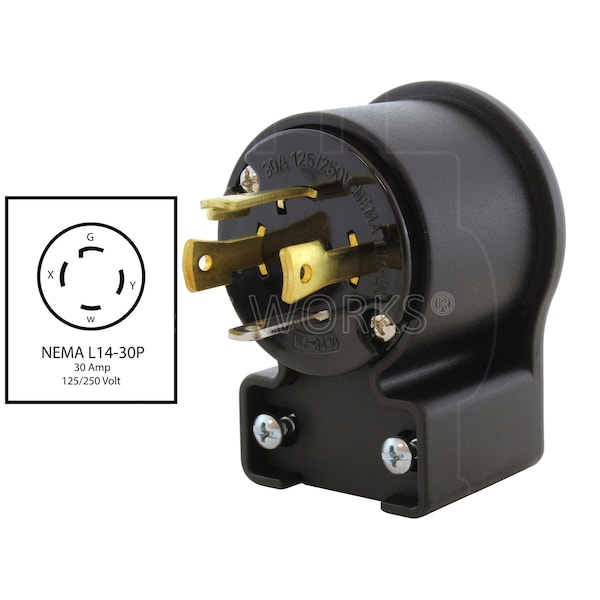 Ac Works NEMA L14-30P 30A 125/250V 4-Prong Elbow Locking Male Plug With UL, C-UL Approval - ASEL1430P