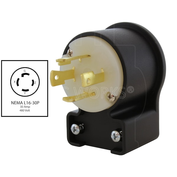 Ac Works NEMA L16-30P 3-Phase 30A 480V Elbow 4-Prong Locking Male Plug with UL, C-UL Approval - ASEL1630P