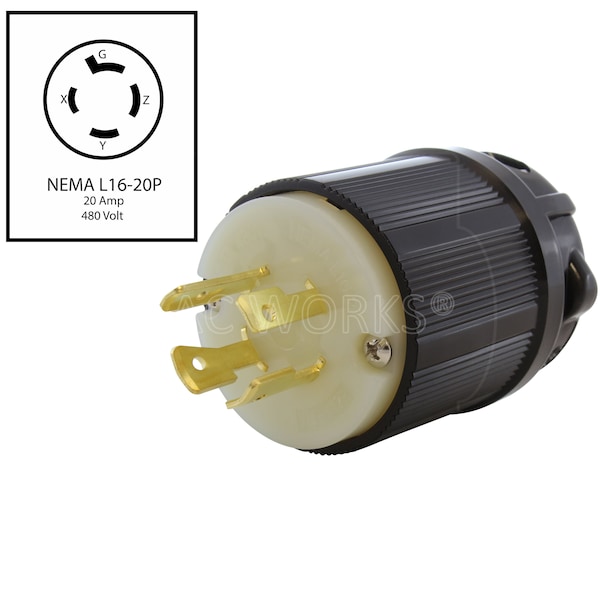 Ac Works NEMA L16-20P 3-Phase 20A 480V 4-Prong Locking Male Plug with UL, C-UL Approval in Black - ASL1620P-BK