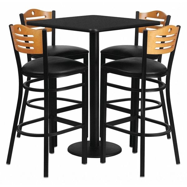 Flash Furniture Square Blk Bar Table, Square w/Black Seats, 30", 30" L, 30" W, 42" H, Laminate Top, Wood Grain - MD-0019-GG