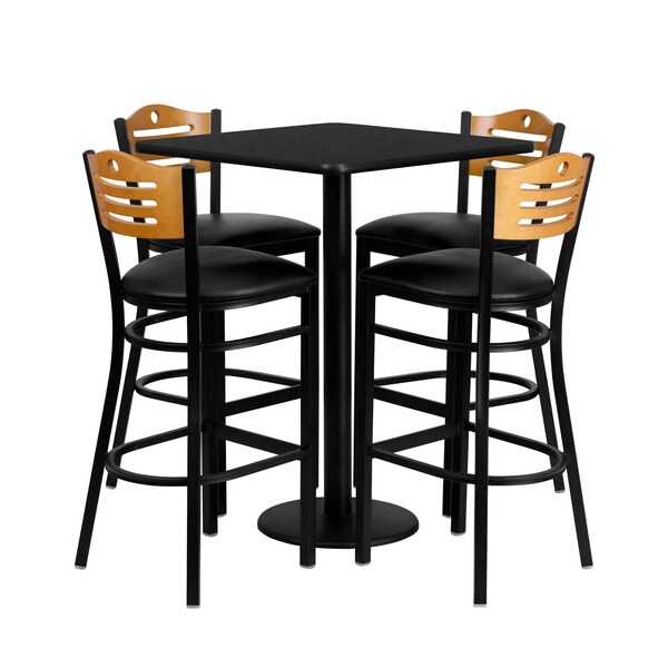 Flash Furniture Square Blk Bar Table, Square w/Black Seats, 30", 30" L, 30" W, 42" H, Laminate Top, Wood Grain - MD-0019-GG