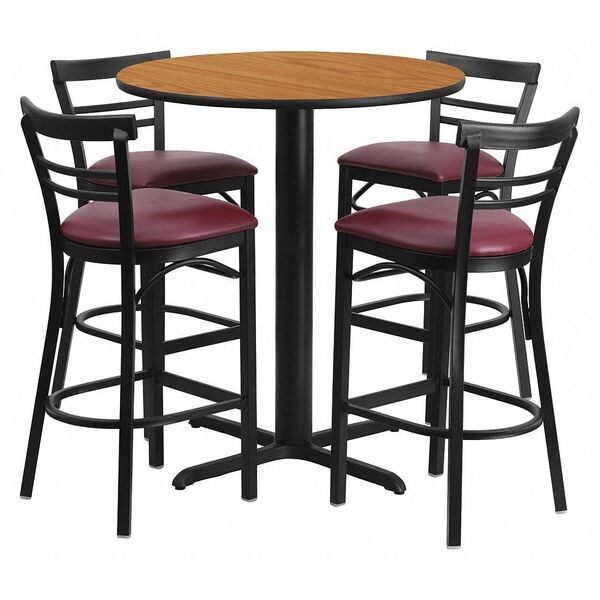 Flash Furniture Round Natural Bar Table, X-Base, Burg Seats, 24", 24" L, 24" W, 42" H, Laminate Top, Wood Grain - HDBF1039-GG
