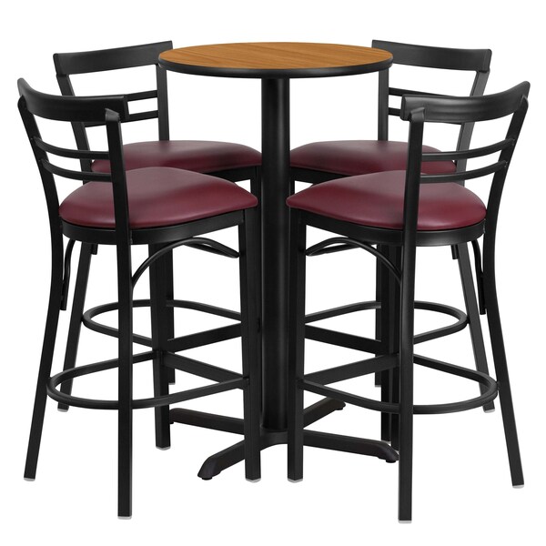 Flash Furniture Round Natural Bar Table, X-Base, Burg Seats, 24", 24" L, 24" W, 42" H, Laminate Top, Wood Grain - HDBF1039-GG