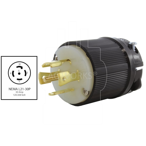 Ac Works NEMA L21-30P 30A 3-Phase 120/208V 3PY, 5-Wire Locking Male UL, C-UL Approval in Black - ASL2130P-BK