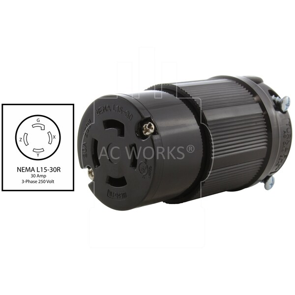 Ac Works NEMA L15-30R 3-Phase 30A 250V 4-Prong Locking Female Connector UL C-UL Approval in Black - ASL1530R-BK
