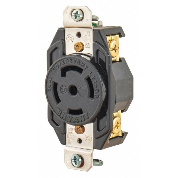 Zoro Select 30A Locking Receptacle 4P 5W 120/208VAC L21-30R BK - BRY72130FR