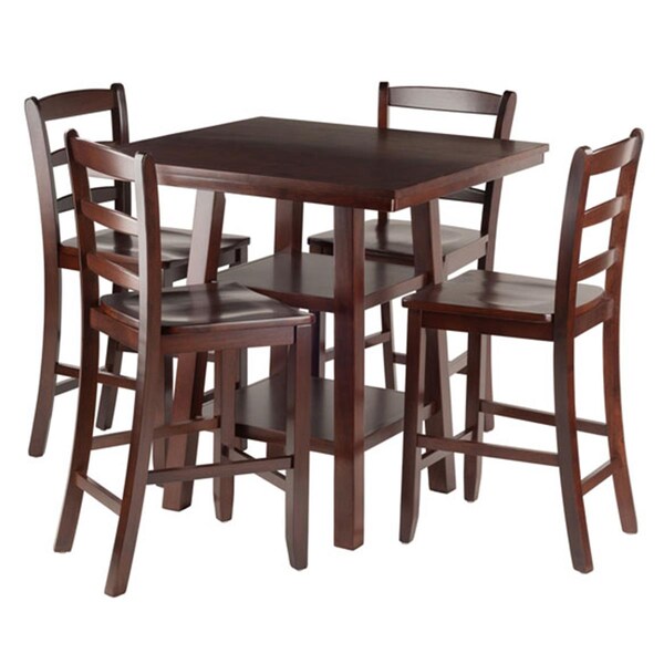 Winsome Trading 5 Piece Orlando High Table 2 Shelves with 4 Ladder Back Stools Set, Walnut - 94542