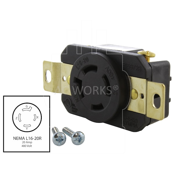 Ac Works 20A, 480V, 3-Phase NEMA L16-20R Flush Mount Locking Industrial Grade Receptacle - FML1620R