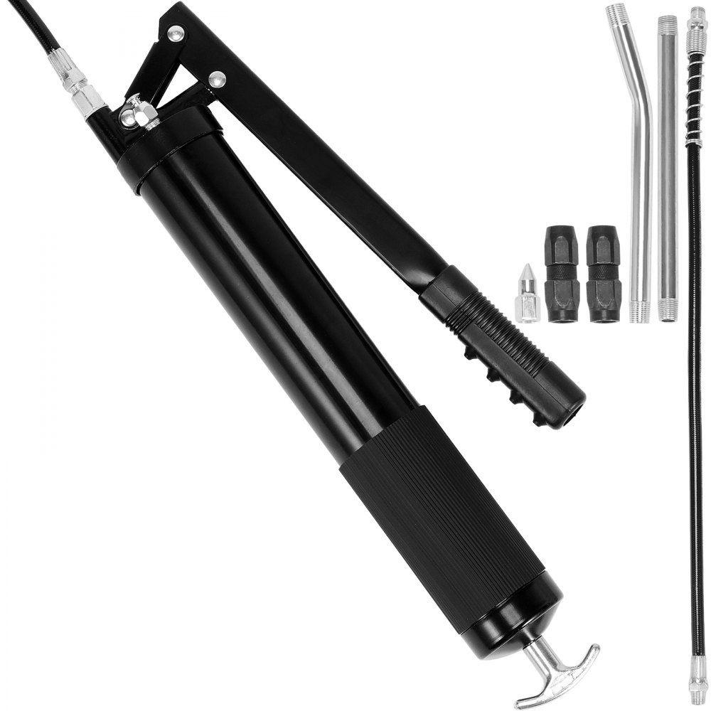 VEVOR Grease Gun, 10000 PSI Max. Working Pressure, 20 OZ / 600 CC Capacity Heavy Duty Lever Action Grease Gun Kit, Includes 18.5 Inch Flexible Hose, 2 Black Flat Couplers, and 1 Straight Metal Pipes - SDHYQGGSW18IN6SQRV0