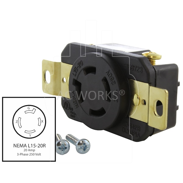 Ac Works 20A 3-Phase 250V L15-20R Flush Mount Locking Industrial Grade Receptacle UL CUL - FML1520R