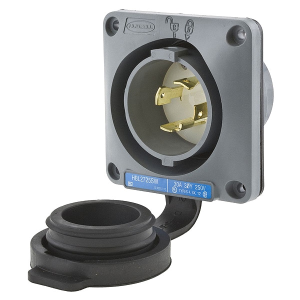 Hubbell 30A Watertight Flanged Locking Inlet 3P 4W 250VAC - HBL2725SW